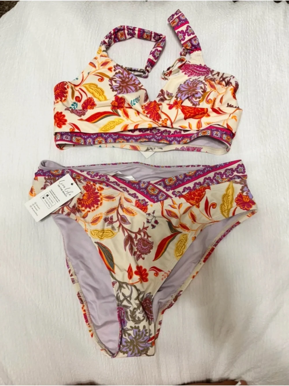 Cupshe Floral Print Bikini Set - Cream with Purple, Red, Yellow Accents